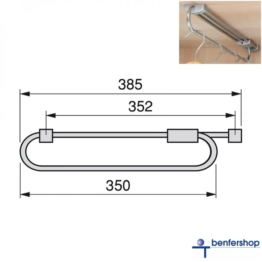 Ausziehbarer Kleiderbügelhalter bis zu einer Schrank- oder Garderobentiefe von 485 mm.
